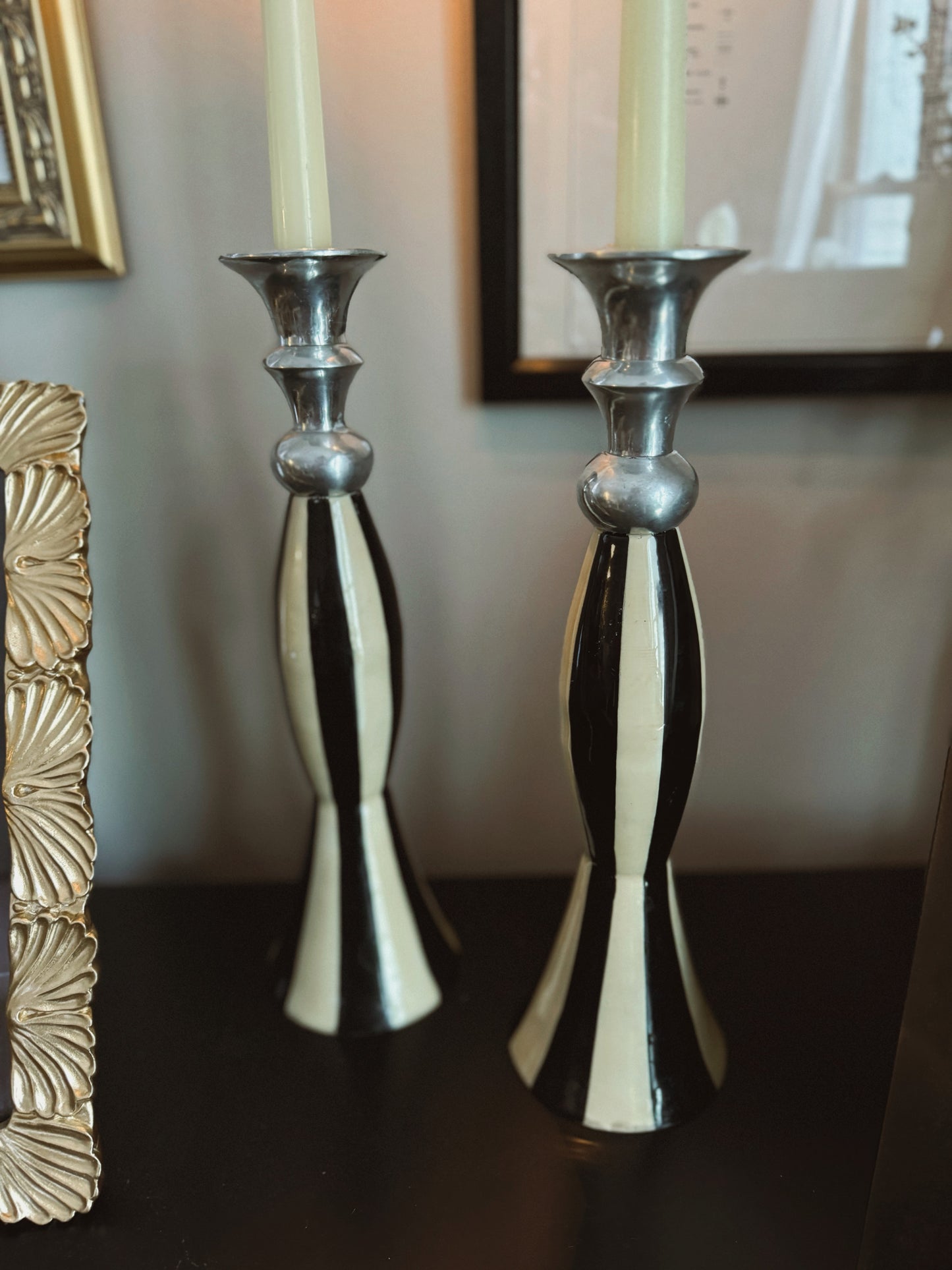Black & White Striped Candle Holders